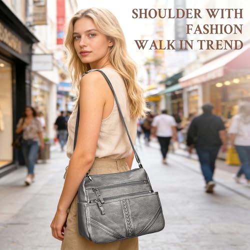 ELDA Crossbody Bags For Women Pocketbooks Soft PU Leather Purses and Handbags Multi Pocket Shoulder Bag - color: X-dark Grey