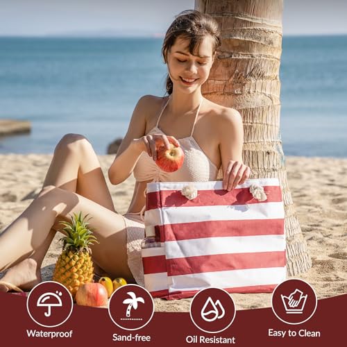 Clothirily Beach Bag for Women - Large Beach Tote Bag, Waterproof Sandproof Beach Bag with Zipper, Large Swim Pool Beach Tote - color: Red