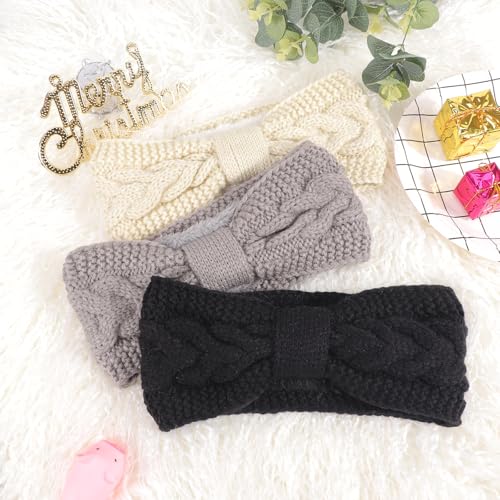 DRESHOW Crochet Ear Warmer Headband Soft Knit Chunky Turban Stretch Thick Headbands Warmer Fuzzy Head Wrap for Women - color: 3 Pcs Knot Style: Ivory White, Light Grey, Black