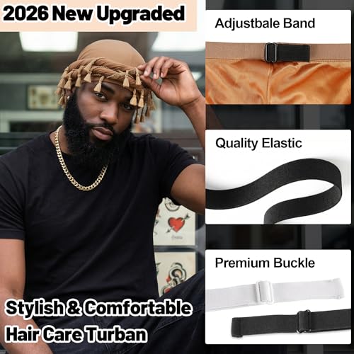 Ababalaya Adjustable Satin Lined Halo Turban Durag for Men &Women Twisted Tassel Head Wraps - color: Khaki