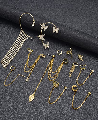 Tornito 17Pcs Ear Cuffs Chain Earrings Snake Butterfly Leaf Non Piercing Clip on Earring Fake Helix Cartilage Earrings Ear Clip Jewelry Silver Gold Tone - color: B:Gold Tone
