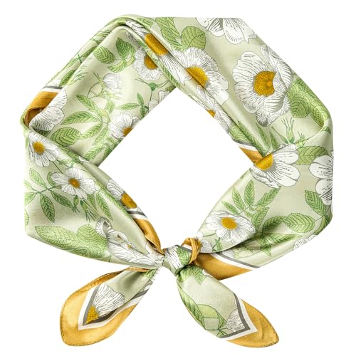 Stlvoll 100% Silk Head Scarf for Women - 27" Hair Scarves Satin Bandanas Square for Night Sleeping with Gift Packed - color: Green/Yellow/Flower
