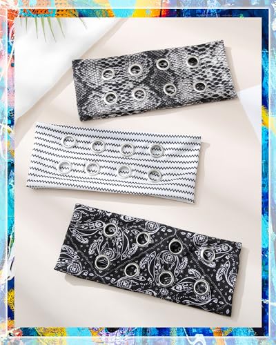 AWAYTR Women Hollow Out Eyelet Elastic Headband Y2K Wide Grommet Hairband Punk Grunge Wide Band for Girls (Snakeskin pattern/White Wave/Cashew Black, One size) - color: Snakeskin pattern/White Wave/Cashew Black