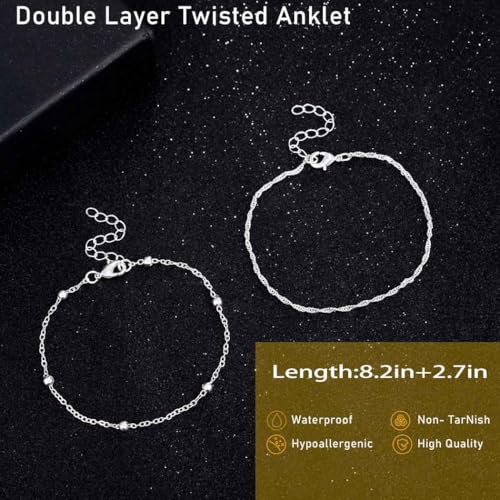Yalice 925 Silver Ankle Bracelets Chain for Women Dainty 14K Gold Plated Waterproof Beads Anklets Layered Beach Foot Jewelry Gift - color: Silver-Twisted Link