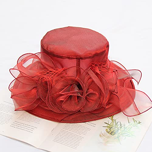 Women's Kentucky Derby Church Dress Hat Wide Brim Leaf Flower Bridal Shower Hat - color: A10 Winered