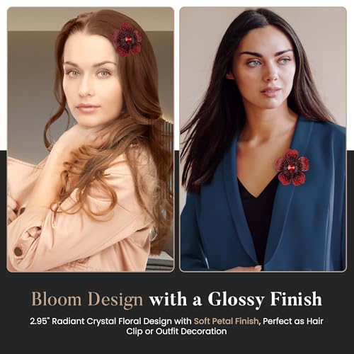 2.9 Inches Created Crystal Hibiscus Hawaiian Flower Hair Clips for Women | Boho Braids Artificial Flower Clips for Hair - color: Red