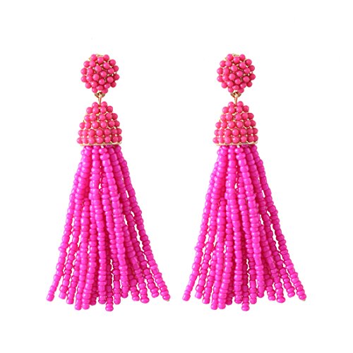 NLCAC Women's Beaded tassel earrings Long Fringe Drop Earrings Dangle 6 Colors - color: hot pink
