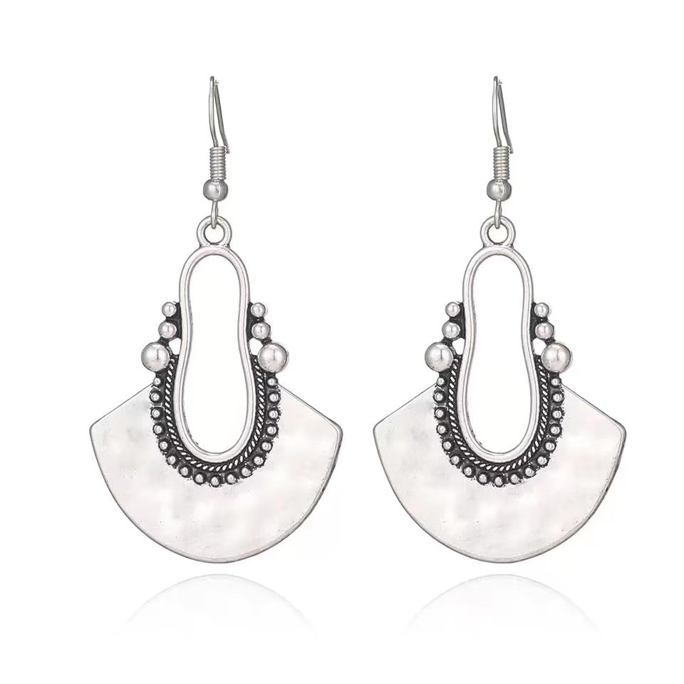 Silver Dangle Earrings For Women Trendy,Boho Cute Drop Western Earings,Vintage Gothic Ethnic Statement Beach Vacation Long Earrings with Leaf Teardrop Turquoise Crystal Tassels,Fashion Jewelry Birthday Gift. - color: A1) Silver Fan Shaped