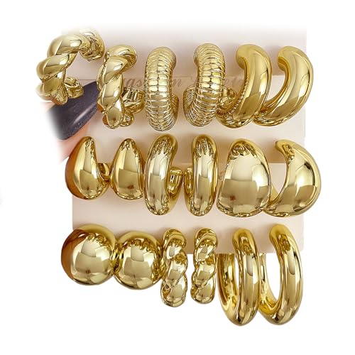 24 Pairs Gold Hoop Earrings Set for Women Hypoallergenic Chunky Chain Twisted Open Hoops Dangle Earring Packs for Birthday Party Fashion Jewelry Gift - color: 18PCS-Gold