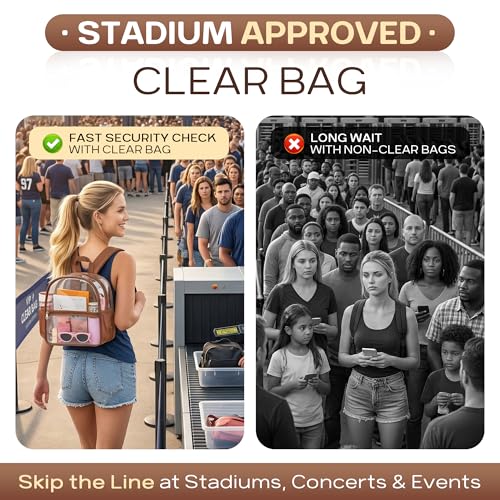 Oraben Clear Backpack Stadium Approved, 12 x 6 x 11 in, Small Transparent Backpack for Concerts, Sports Events, Festivals, Travel, Waterproof PVC, Adjustable Straps, Women Men - color: Coffee Brown, style: Enhanced Strap
