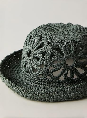Handmade Women's Crochet Straw Bucket Hat Packable Daisy Beach Cap | Adjustable Inner Drawstring, Airy Lightweight Paper Fiber, Face Shade, Easy Storage, Feminine Openwork Floral Style - color: Green