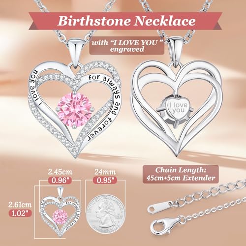 CDE Engraved Forever Love Heart Birthstone Necklace Jewelry Gifts for Women | Hypoallergenic,Nickel-Free & Lead-Free,3 x 3 mm 5A CZ Heart Pendant,Anniversary Christmas Birthday Gift for Girlfriend Wife - color: Birthstone-10-Oct, style: Rhodium Plated-Bra