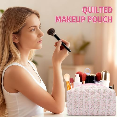 Small Makeup Bag Quilted Cosmetic Bag Floral Travel Toiletry Bags for Women Cute Pencil Case Quilted Makeup Pouch Aesthetic Coquette Cosmetic Pouch Cotton Make Up Bags Cute Zipper Pouches Pink - color: Aa-pink flower