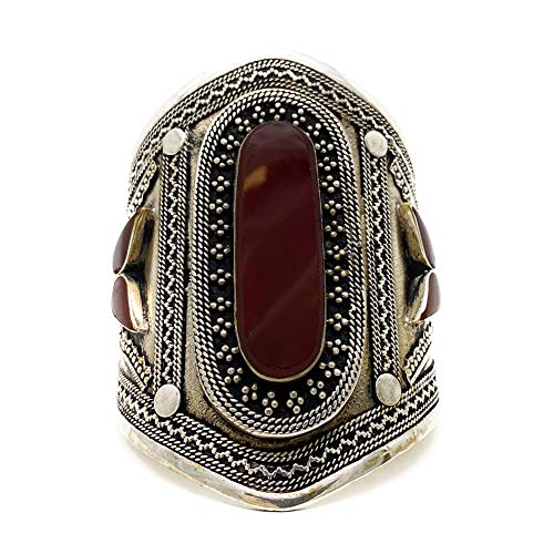 Duel On Jewel Afghan Baloch Tribal Wide Adjustable Cuff Bracelet for Women, Handmade Oxidized Alloy Wrist Cuff with Engraved Kuchi Inspired Design, Statement Bohemian Festival Jewelry, 0.8 to 3.5 Inch - style: Baloch Garnet Red