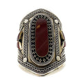 Duel On Jewel Afghan Baloch Tribal Wide Adjustable Cuff Bracelet for Women, Handmade Oxidized Alloy Wrist Cuff with Engraved Kuchi Inspired Design, Statement Bohemian Festival Jewelry, 0.8 to 3.5 Inch - style: Baloch Garnet Red