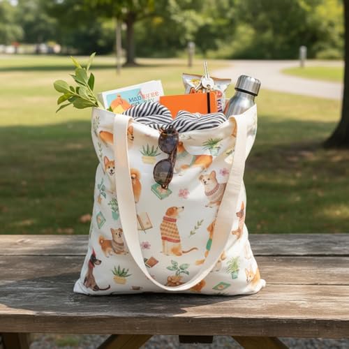 1-PACK Reusable Grocery Shopping Bag, Cute Dog Pattern Canvas Tote Bag with Magnetic Snap Closure and Zipper Inner Pocket - color: A2-dog and Book 1 Pack