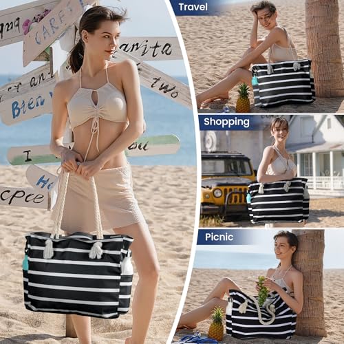 Clothirily Beach Bag for Women - Large Beach Tote Bag, Waterproof Sandproof Beach Bag with Zipper, Large Swim Pool Beach Tote - color: B-black