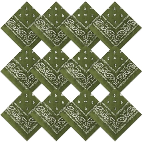 Suhine 12 Pcs Bandanas Bulk for Women Men 22 x 22 Inch Paisley Headband Cowboy Handkerchief Summer Beach Party Costume - color: Olive Green