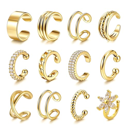 Ear Cuffs Non Piercing 14K Gold Plated Ear Cuff Earrings for Women Trendy Clip on Cartilage Earring Stacks Non Pierced Adjustable Fake Earrings Set Jewelry - color: A4:Gold Ear Cuffs-12Pcs