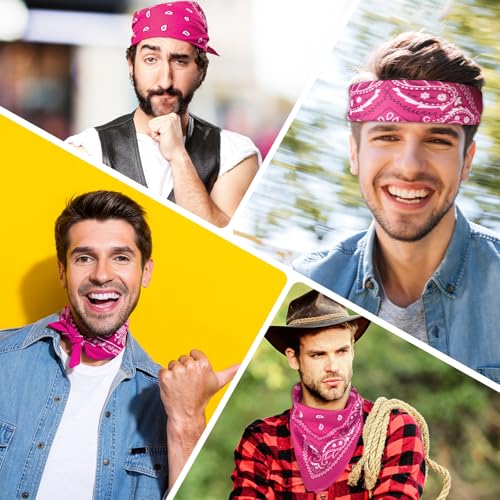 PLULON Bandanas for Men Women 4/12/24/30 Pack, Paisley Pattern Bandana Bulk Headbands Handkerchief Face Mask 100% Polyester - color: Hot Pink