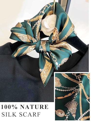 100% Mulberry Silk Scarf for Women Hair Lightweight Square Neckerchief Wrap For Head Scarves 21" - color: 22-green Belt /21"*21"