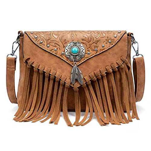 LAVAWA Small Crossbody Bags for Women Crossbody Handbag Fringe Purse Tassel Shoulder Bag Turquoise Concho Wallet - color: Light Brown