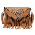 LAVAWA Small Crossbody Bags for Women Crossbody Handbag Fringe Purse Tassel Shoulder Bag Turquoise Concho Wallet - color: Light Brown