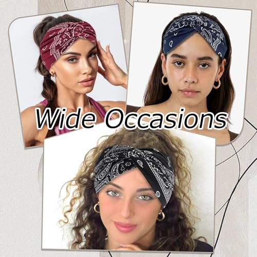 4 Pack Wide Headbands for Women Paisley Twist Hair Bands Stretchy Cross Head Turban Bandana Valentine's Day Non Slip Exercise Hair Wraps Accessories - color: Multicolor-2