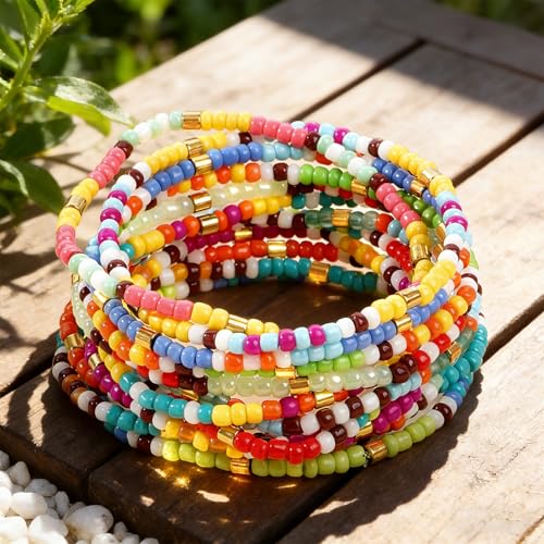 Colorful Stackable Seed Beaded Bracelets Set For Women, Boho Handmade Trendy Cute Stretch Accessories ball Glass Versatile Candy Jewelry, Summer Beach Daily Party Holiday Friendship Gift - color: Rainbow