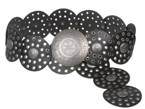 Beltiscool 3 1/2" (90 mm) Wide Ladies Wide Boho Disc Concho Leather Belt - color: Black, size: XL - 48 END-TO-END