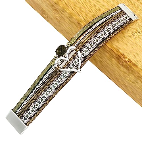 Womens Multi Layer Heart Leather Wrap Bracelet Boho Stackable Cuff Bangle Magnetic Clasp Crystal Birthday Valentine Gift - color: Grass Green