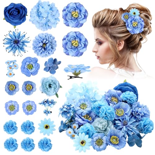 BBTO 21 Pcs Flower Hair Clip Rose Hair Clips Barrettes for Women Flower Accessories Boho Bride Claw Clip Hairpin Brooch Pin Headpiece for Wedding (Blue Series) - color: Blue Series