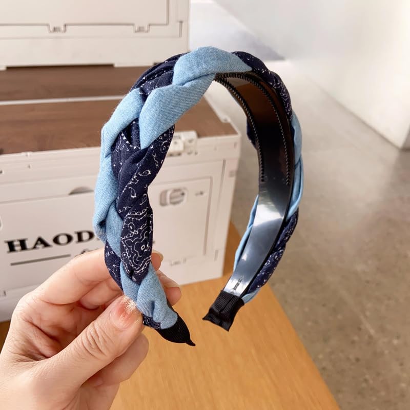 Braided Headband for Women-Vintage Fabric High Crown Headband with Non-Slip Teeth, Cute Boho Knotted Hair Band for Women & Teens (12-Deep Blue, One Size) - color: 12-Deep Blue