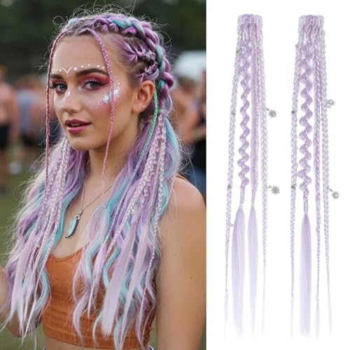REECHO Clip in Braids for Women, 16" Boho Dreadlock Clip in Braids with Beads & Charms, 2PCS Synthetic Braided Hairpieces for Music Festival Season Cosplay Daily, Light Purple - color: Light Purple, size: 16 Inch