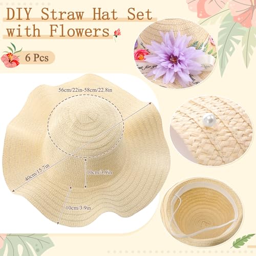6 Sets DIY Tea Party Straw Hats Kit DIY Straw Hat for Women Blank Sun Hats - style: Vivid Flower