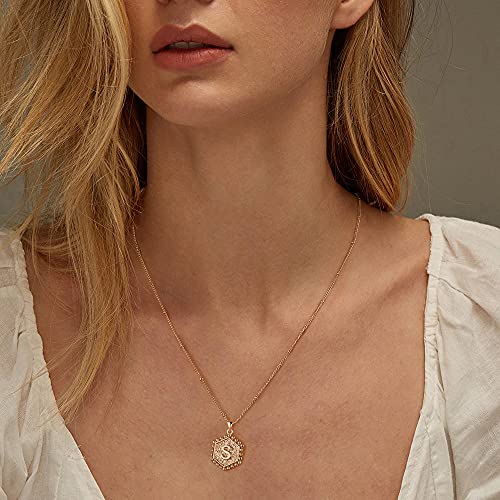 Turandoss Layered Initial Necklaces for Women, 14K Gold Plated Bar Necklace Handmade Layering Hexagon Letter Pendant Beads Chain Necklace Layered Necklaces for Women Jewelry Gifts - style: C