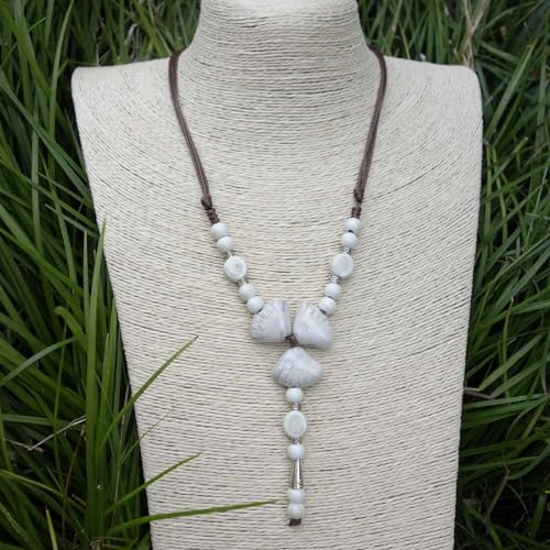 Boho Style Colorful Ceramic Bead Strand Necklace Adjustable Bohemian Jewelry Gift for Women, Fashion Clothing Matching Necklace - color: Beige White