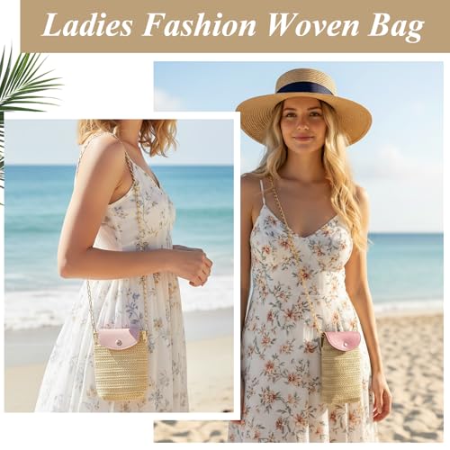 Long Keeper Small Straw Crossbody Phone Purse for Women Mini Faux Straw Summer Crossbody Boho Shoulder Bag for Beach Holiday - color: Pink