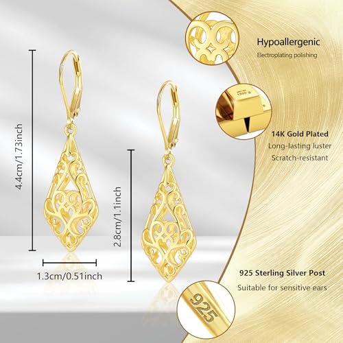 Dangle Earrings for Women, 14K Gold Plated Filigree Dangling Leverback Earrings, Silver Geometric Hypoallergenic Lightweight Dangly Drop Earings for Women Trendy Jewelry Gifts - color: A-14K Gold