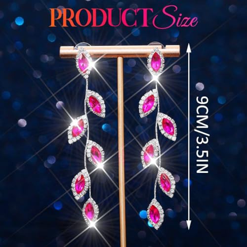 Catery Crystal Wedding Earrings Rhinestones Dangling Earrings Leaf Bridal Ear Jewelry for Brides and Women - color: Hot Pink