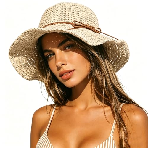 Straw Bucket Hat for Women Foldable Summer Beach Sun Hats Wide Brim Crochet Floppy Hat for Vacation Travel Shade & Style - color: Beige-c