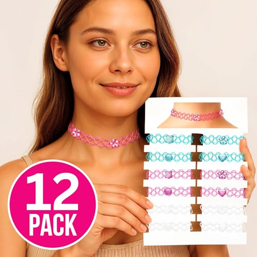 BodyJ4You 12PC Tattoo Choker Necklace for Women - 90s Choker Necklaces Y2K Fashion Trendy Vintage - Emo Black Choker Rainbow Pink White Purple Neon Green Blue Daisy Flower - color: Aqua, Clear, Pink