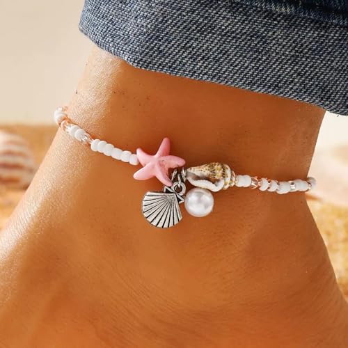 Ankle Bracelet for Women Beach Puka Shell Anklet Waterproof Starfish Seashell Pearl Anklets Stretch Beaded Ankle Bracelets Boho Beach Anklet Jewelry for Summer Beach Party - color: Pink