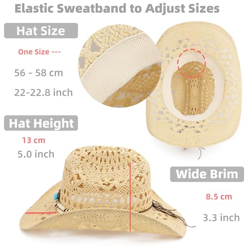 Straw Cowboy Hat, Western Cowgirl Hat, Wide Brim Sun Beach Hat for Men and Women - color: Beige-m23