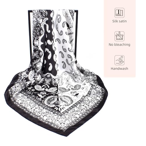 35 x 35 Women's Fashion Pattern Large Square Silk Like Hair Scarf Head Sleeping Wrap Satin Neck Bandana for Gift… - color: Double Cashew Nuts-black
