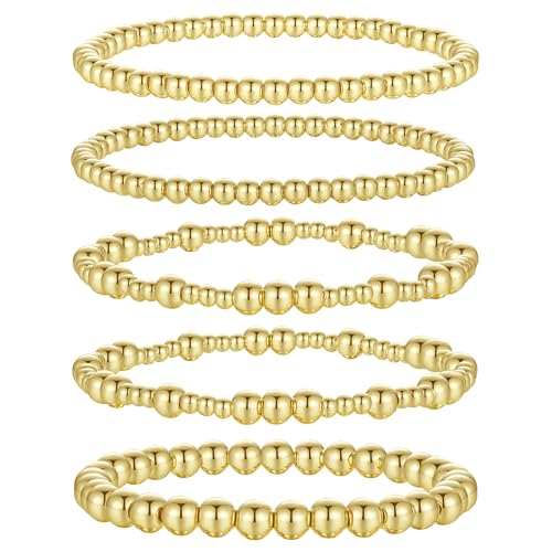 XIANNVXI 5PC Platinum Plated Silver Beaded Bracelet for Women Stretch Elastic Stackable Bead Ball Bracelet Trendy Set Women Dainty Jewelry - color: Gold C