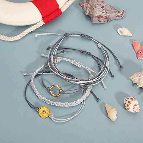 FANCY SHINY Easter Gifts Basket Stuffers Sunflower String Bracelet Boho Braided Rope Wrap Bracelets Cute Summer Beach Surfer Jewelry for Women - color: Grey