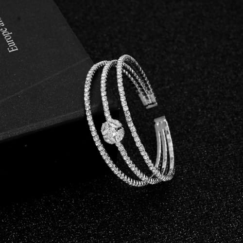 Women's Multi-Layer Rhinestone Cuff Bracelet Sparkling Crystal Tennis Bangle for Bridal Wedding Party - color: 1266 Silver