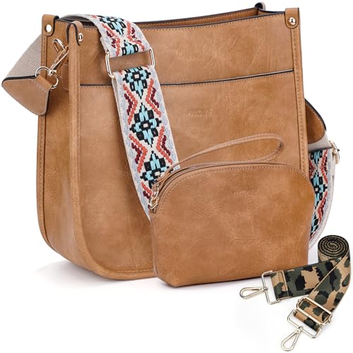 HKCLUF Crossbody Bag Purse for Women 2PCS/Set Leather Hobo Handbag Wallet Set With 2Adjustable Guitar Strap Shoulder Bag | Purse - color: A9-lightbrown