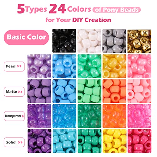 Miss Rabbit 24 Color Pony Beads for Jewelry Making, Hair Beads for Braids with Hair Beaders, Rainbow Kandi Bracelets Kit for Bracelet Making for Women DIY Crafts Friendship Bracelets Making Kit Gift - color: 24 Color-4